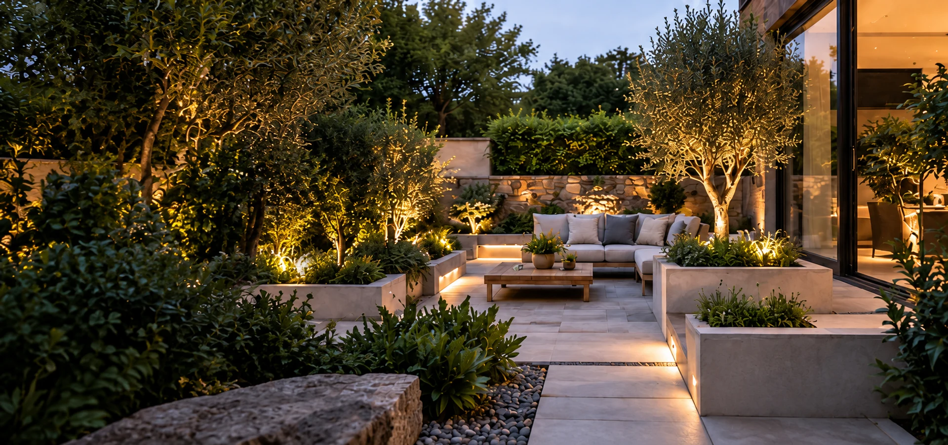 Garden design inspiration: a planted terrace with warm lighting and space to relax