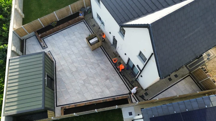 Aerial view of the porcelain patio and dark border in Haggardstown.