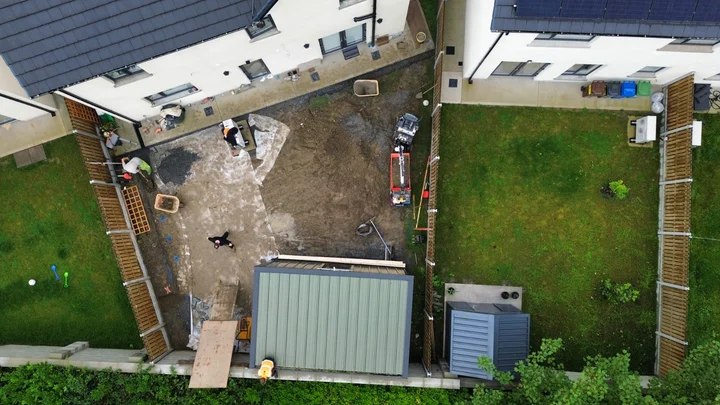 Overhead view of the garden during ground preparation.