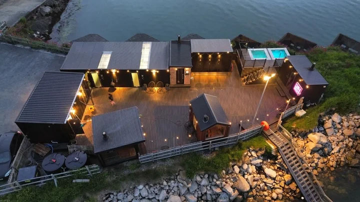 An aerial view of the decking layout beside the waterfront.